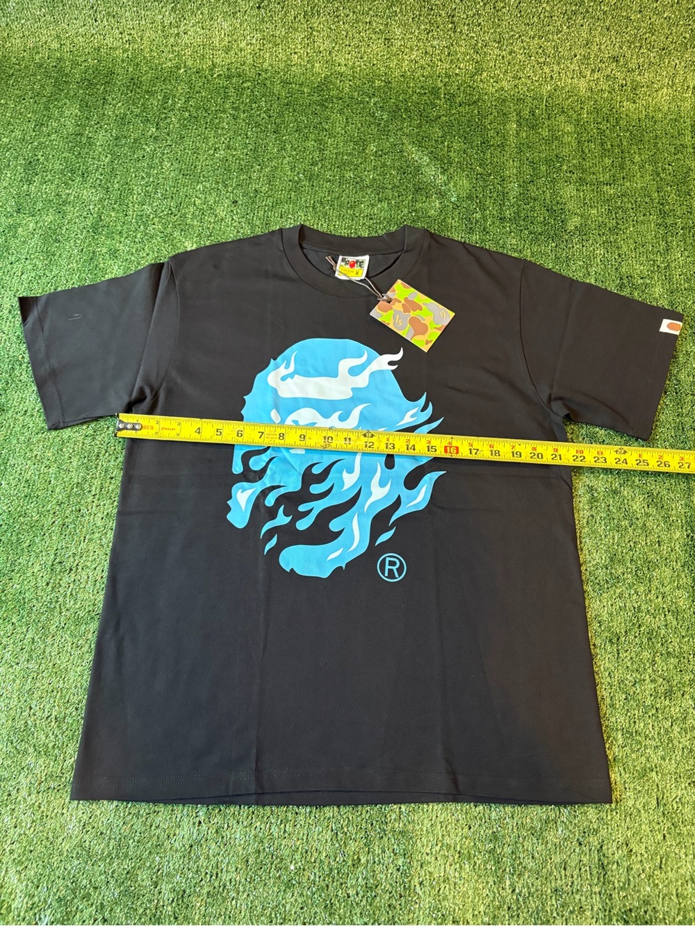 Bape Black Tee with Bright Blue Flame Ape Logo - Picture 2 of 11